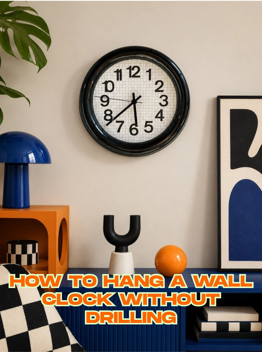 black grid paper silent wall clock above a cobalt blue sideboard, article cover with title overlay