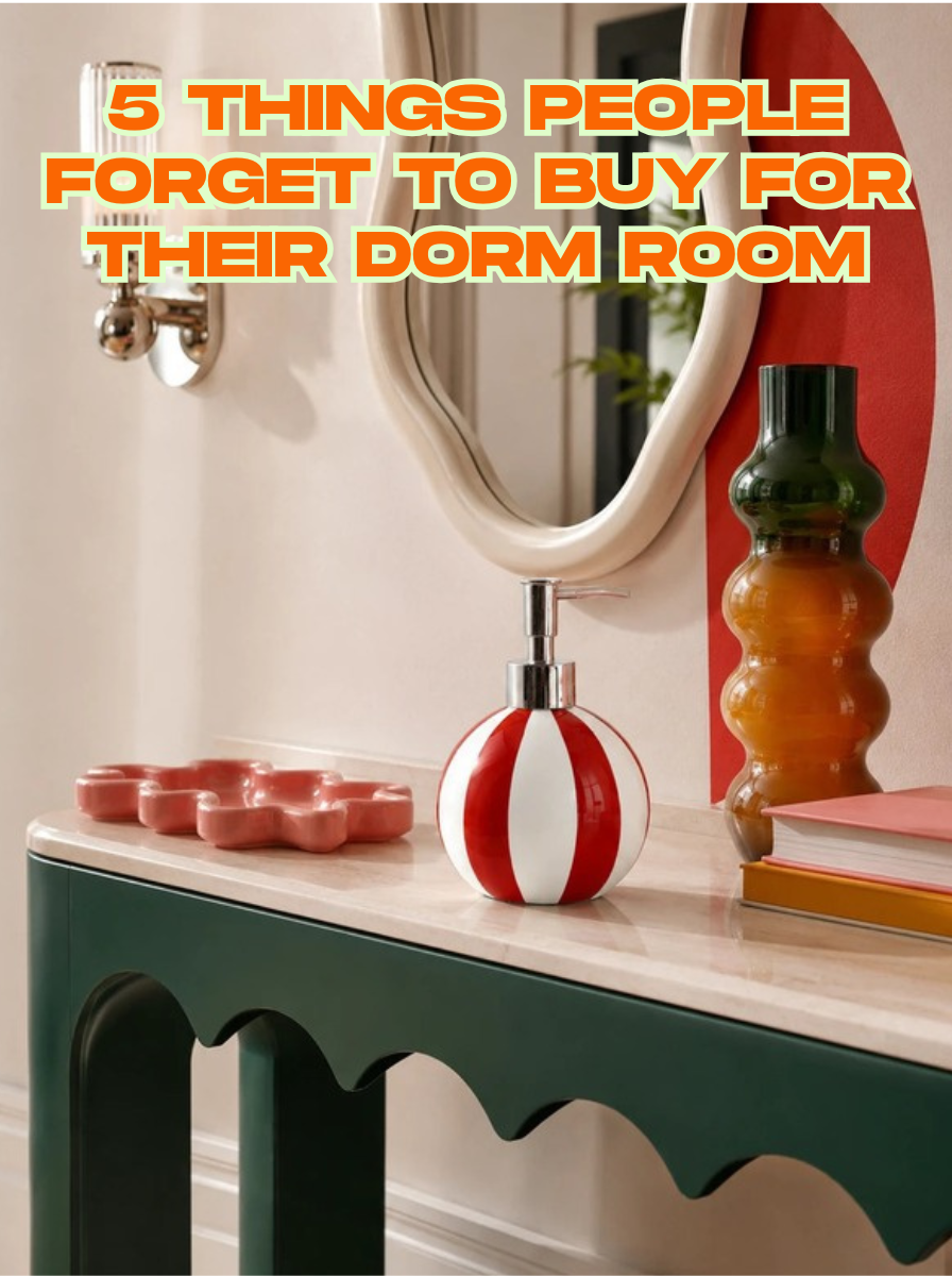striped ceramic soap dispenser on a green console under a wavy mirror with the title 5 Things People Forget to Buy for Their Dorm Room