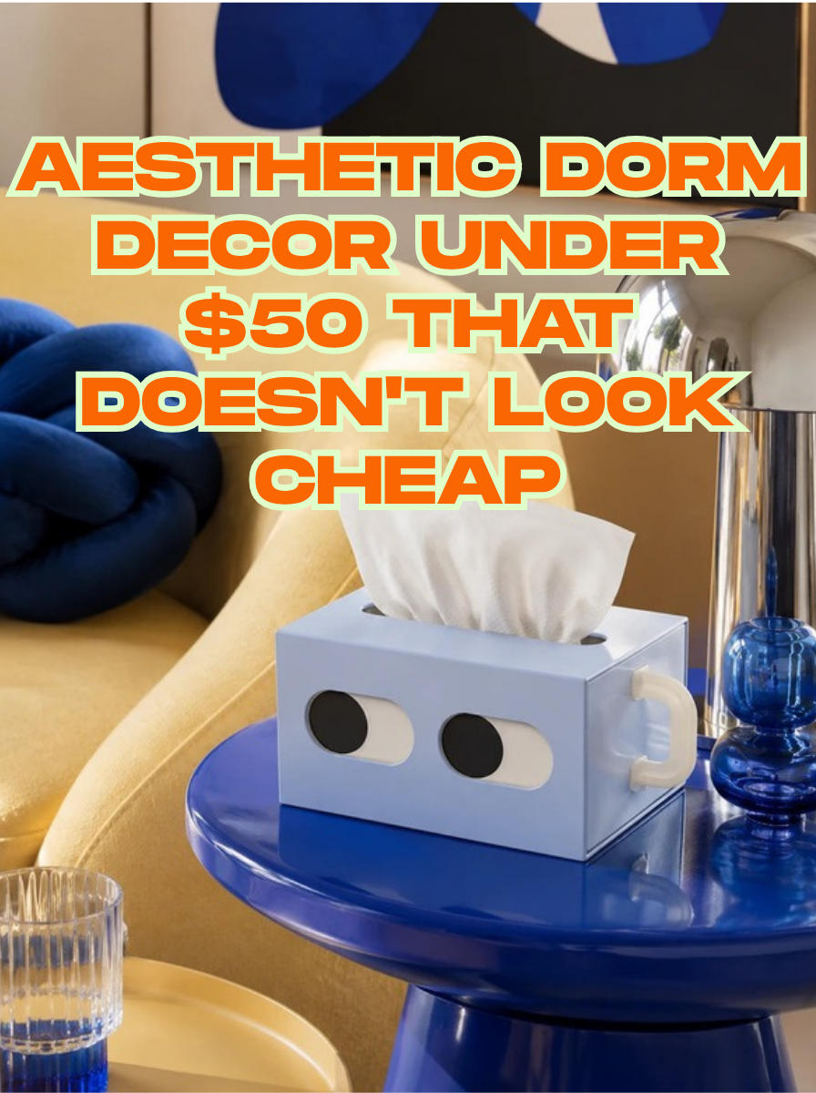 Aesthetic dorm decor under $50 — blue cartoon tissue box styled on a cobalt side table
