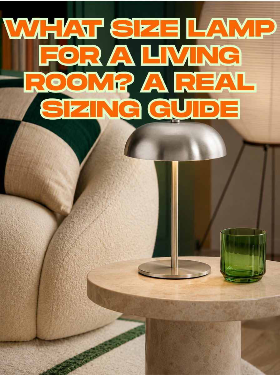 Small silver mushroom lamp lit warm on a travertine side table beside a cream boucle sofa, under the title What Size Lamp for a Living Room