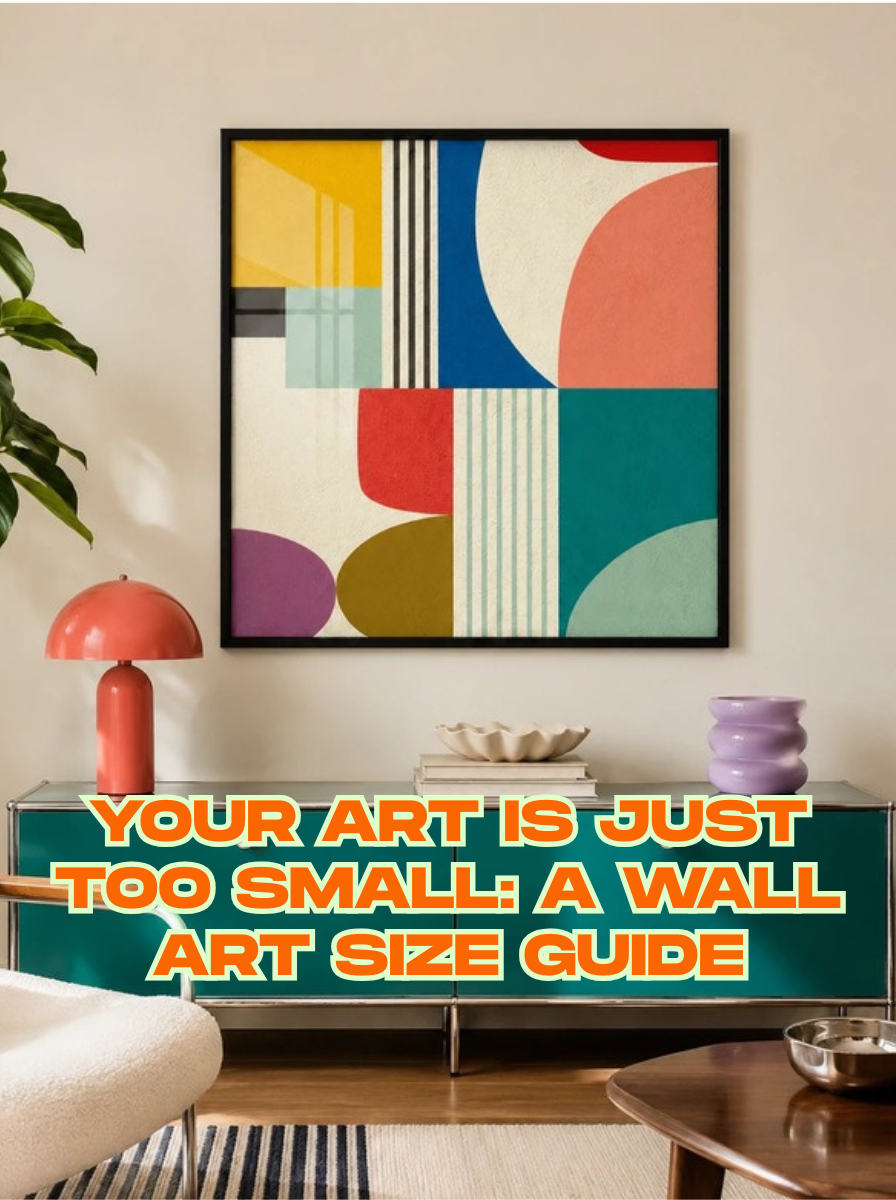 geometric abstract canvas print hung above a teal credenza with a coral mushroom lamp, with the article title overlaid