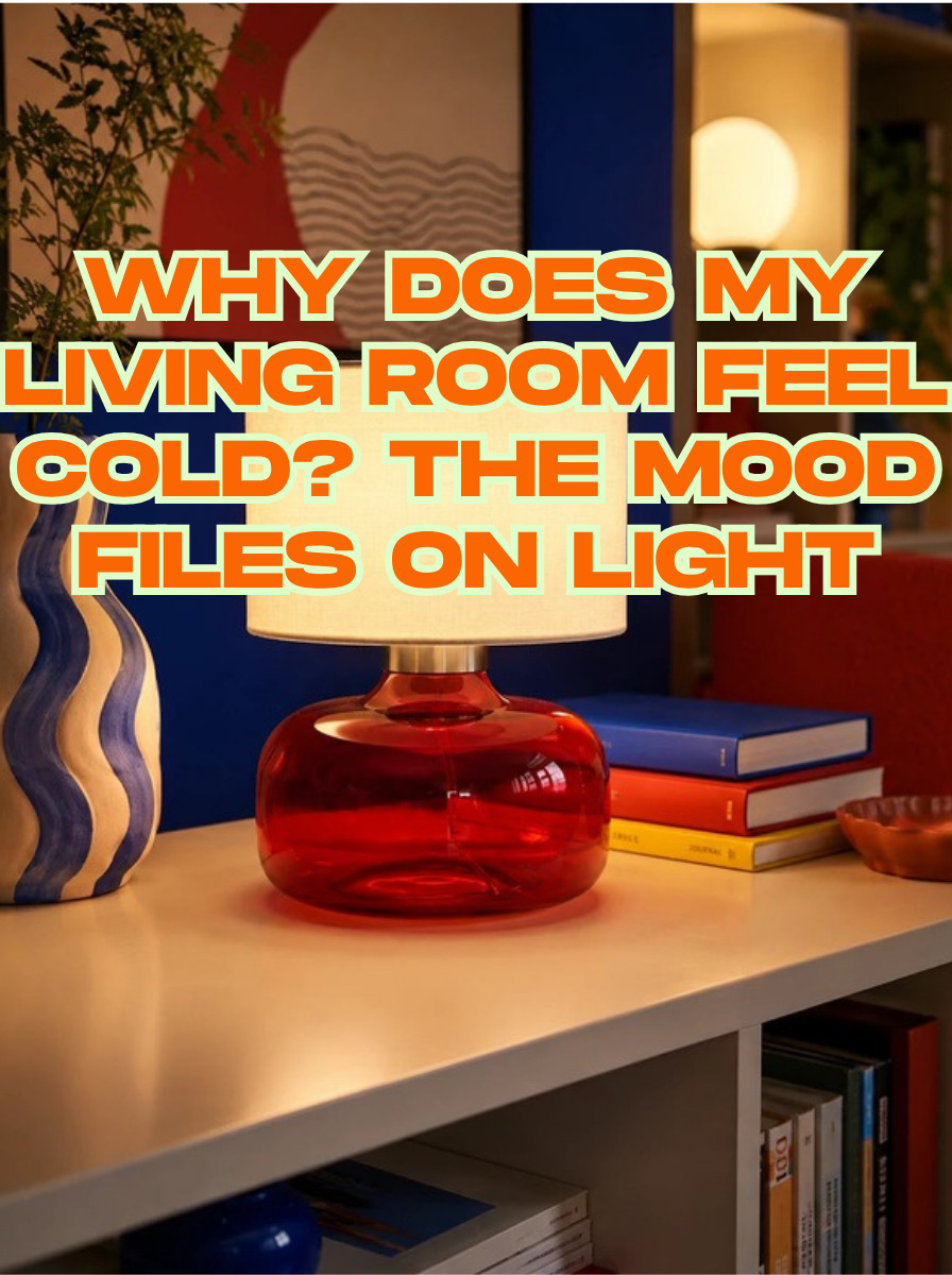 Red glass table lamp lit warm on a console at night, a second globe lamp glowing behind it against a deep blue wall