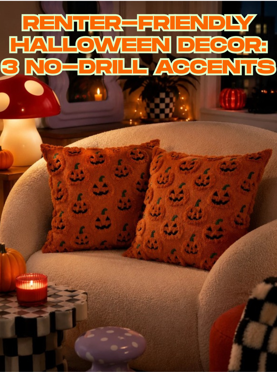 two orange tufted pumpkin pillow covers on a cream boucle sofa beside a red mushroom lamp with the title Renter-Friendly Halloween Decor: 3 No-Drill Accents