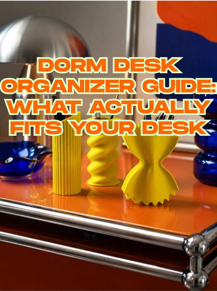 Blog cover: three yellow pasta-shaped pen holders with pens on a glossy orange desk beside a chrome mushroom lamp