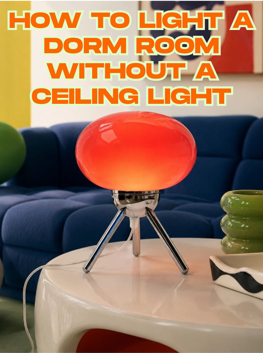 red tripod mushroom lamp glowing beside a cobalt sofa with the article title overlaid