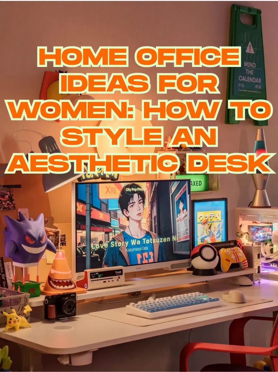 Home office ideas for women cover — warm aesthetic desk with monitor, pastel keyboard, lava lamp and playful figurine styling