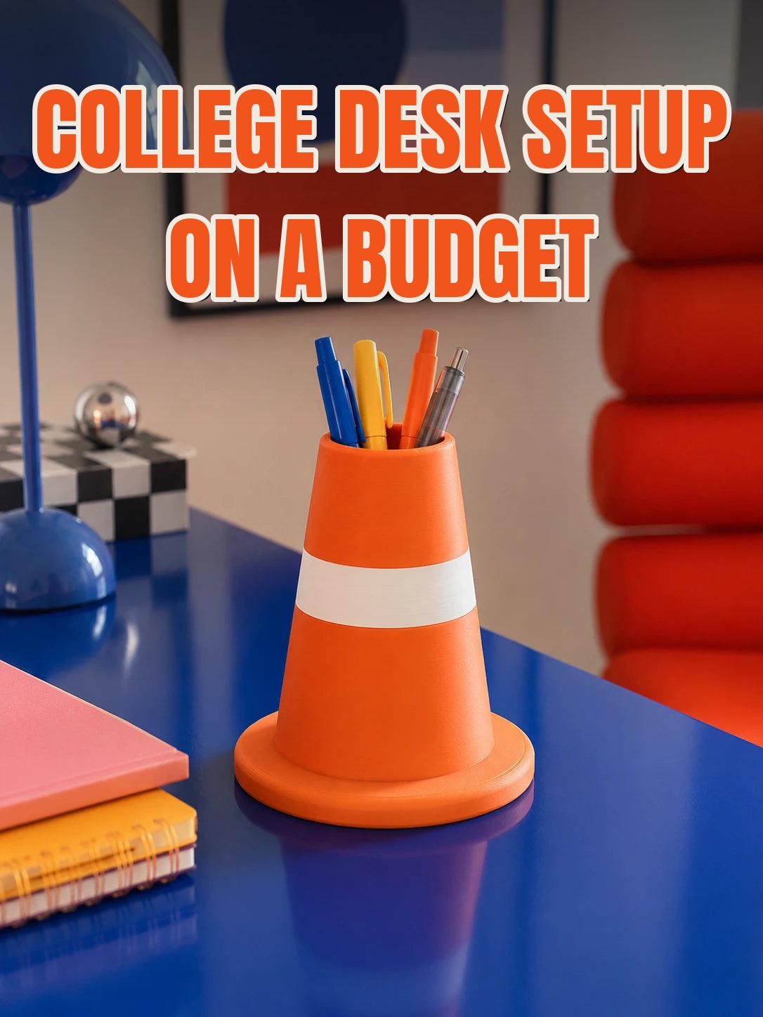 Orange traffic-cone pen holder with colorful pens on a glossy cobalt-blue desk with blue mushroom lamp — College Desk Setup on a Budget cover