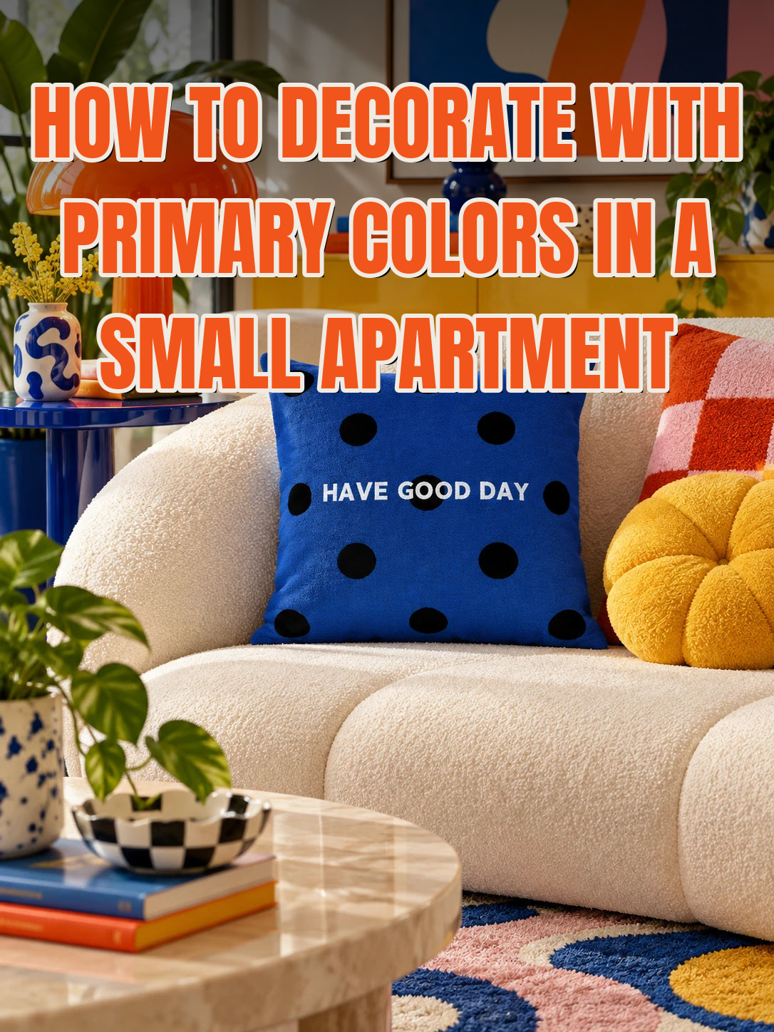 Blue polka dot cushion, red check cushion and yellow cushion on a cream sofa: a red, yellow and blue color scheme in a small living room