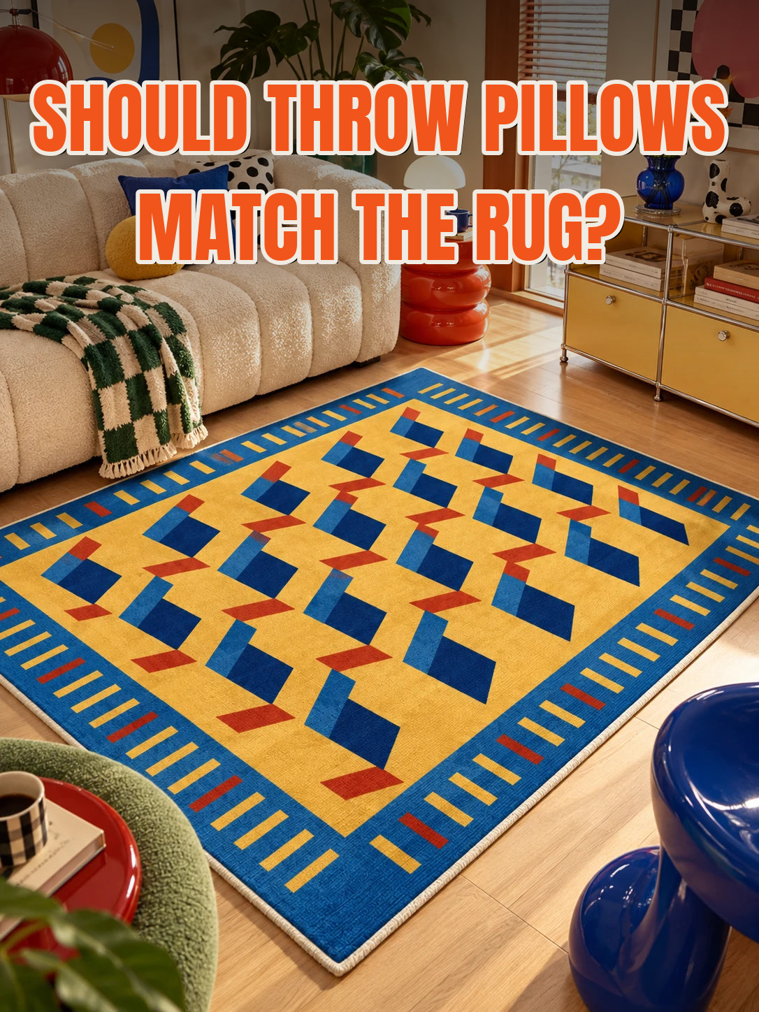 Yellow and blue geometric rug in front of a cream sofa with a solid blue pillow and a polka dot pillow, with the title Should Throw Pillows Match the Rug?