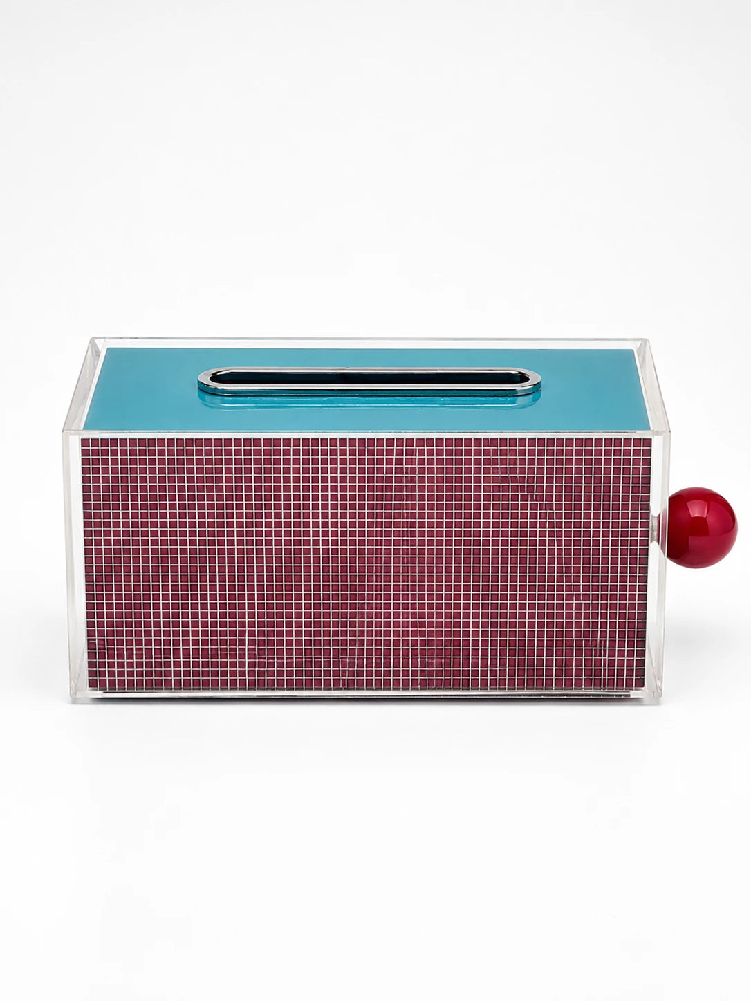 teal lidded acrylic tissue box with wine-red grid panel and glossy red ball accent