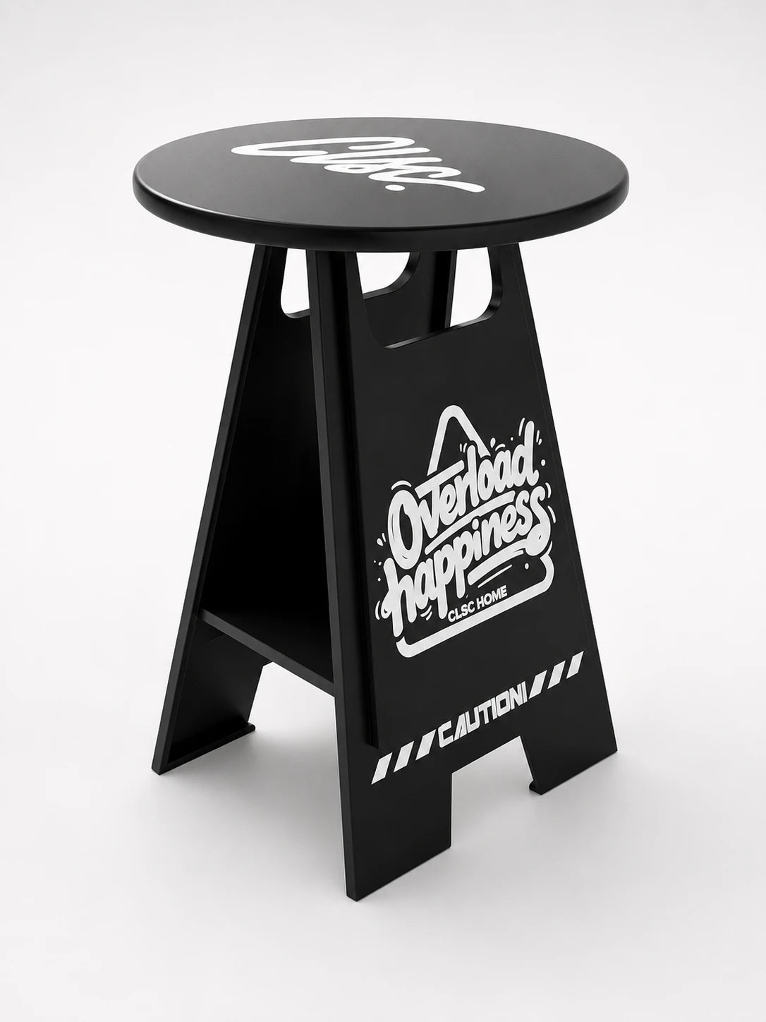 black A-frame caution-sign side table with a round top and white printed graffiti-style graphics