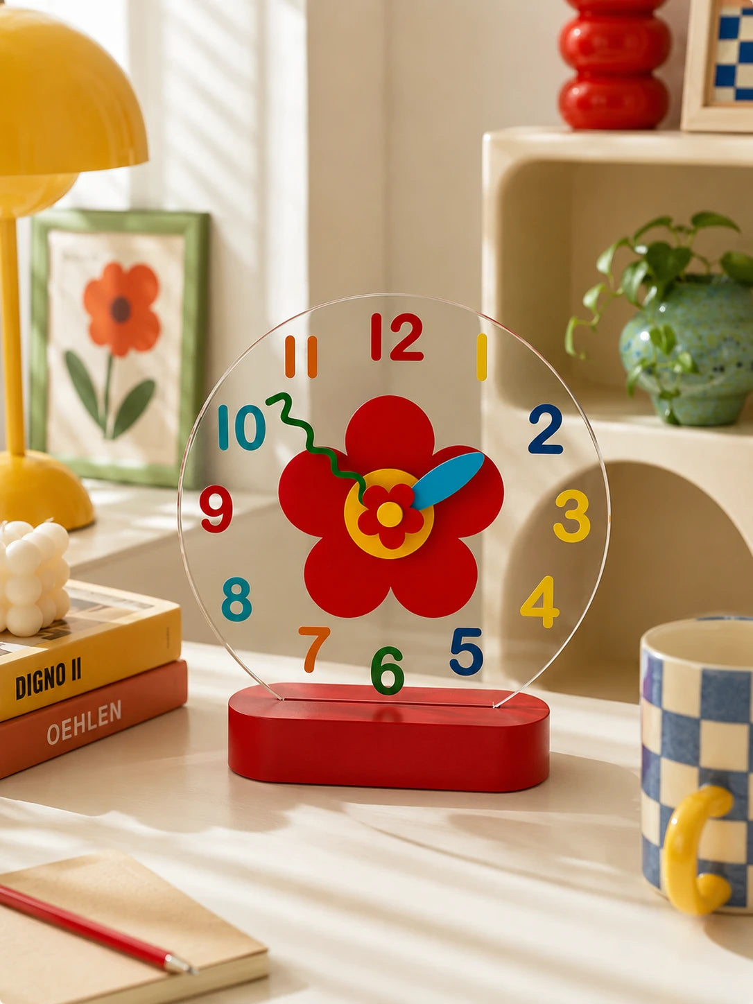 colorful flower desk clock on a desk with stacked books, yellow lamp and blue checkered mug