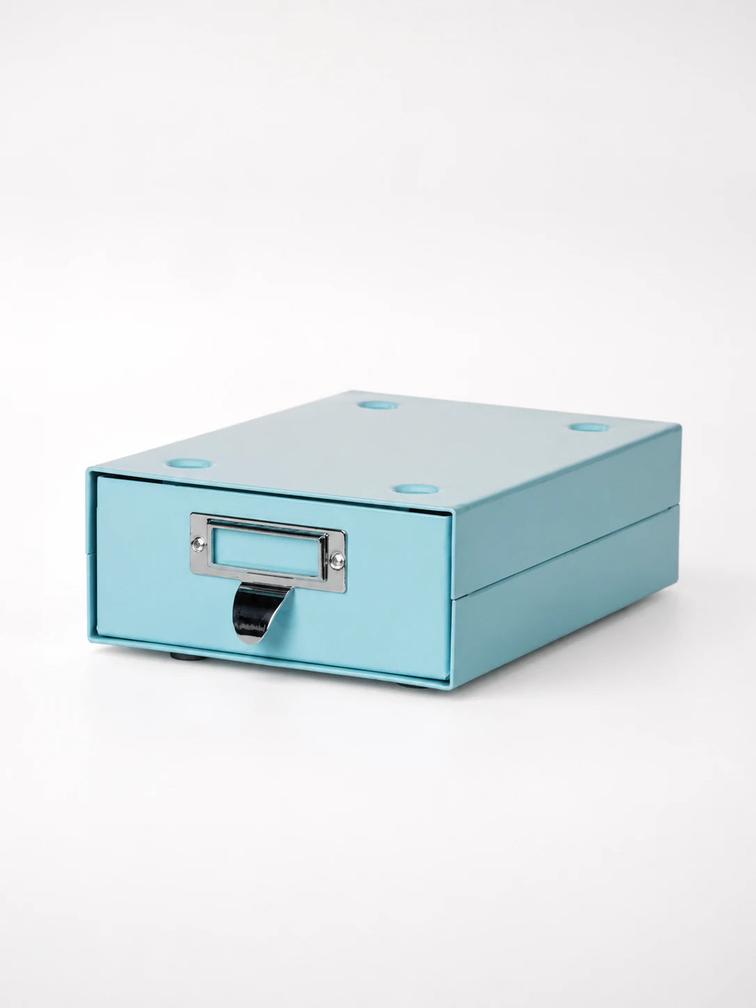 light blue metal single-drawer desk organizer box with chrome card holder