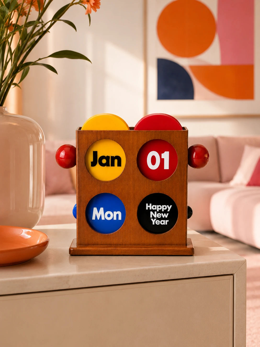 retro wood perpetual calendar showing Jan 01 Mon on a cream sideboard with orange dish and vase