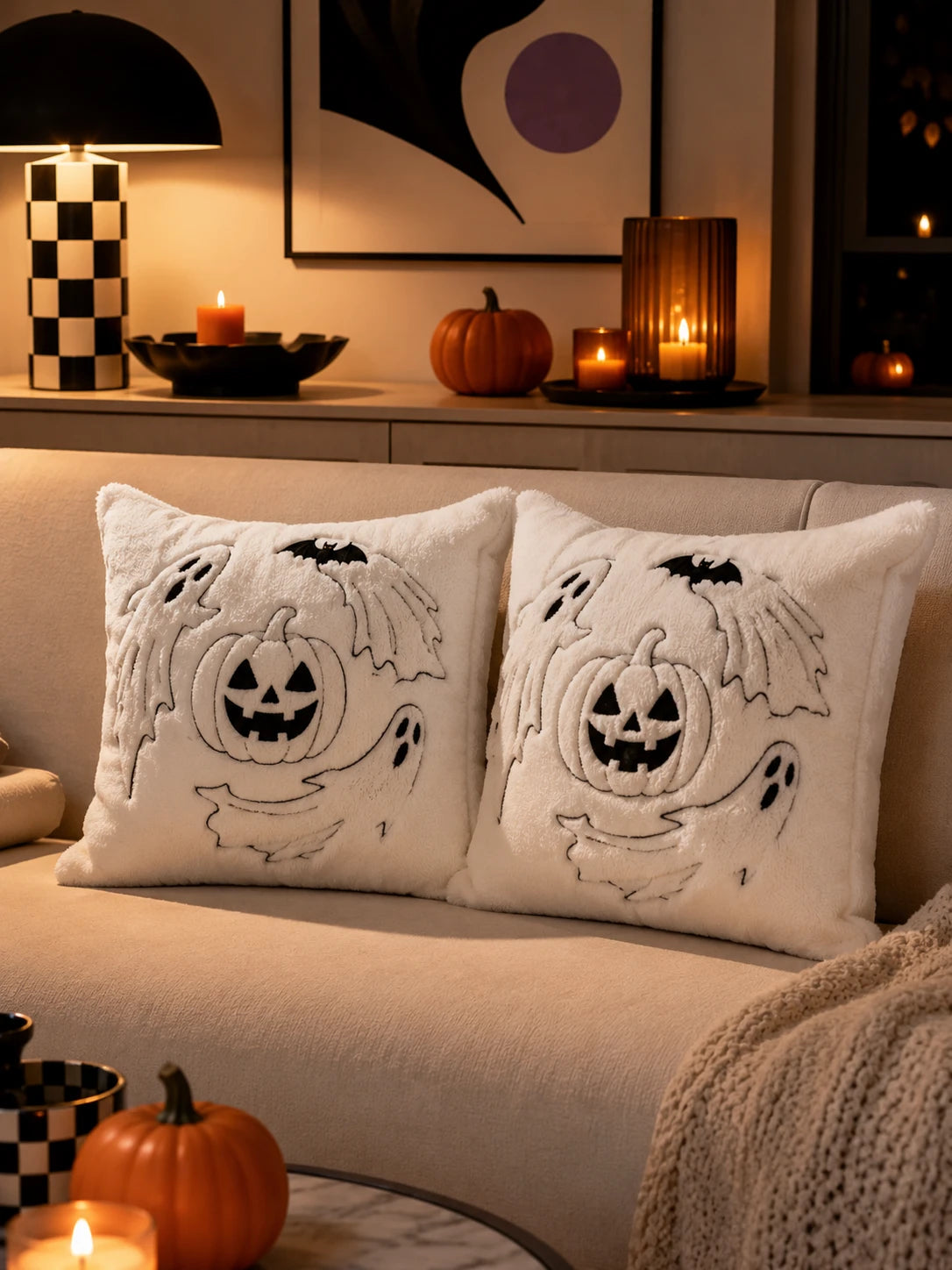 Halloween Velvet Pumpkin & Ghost Pillow Cover
