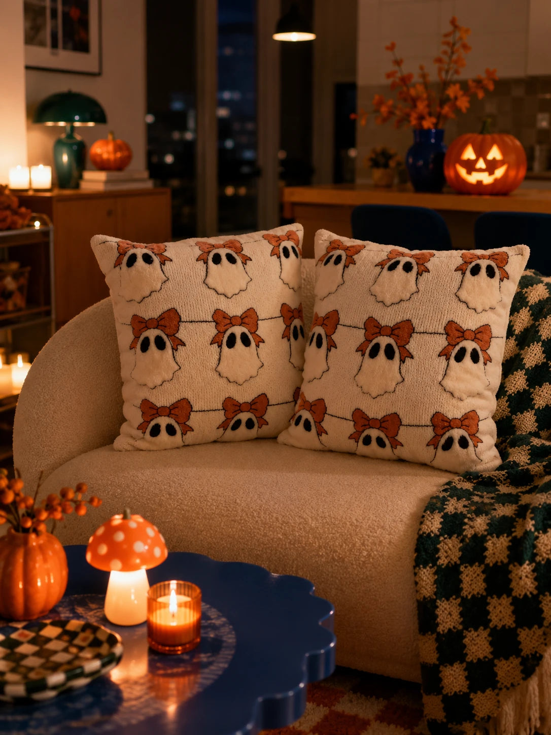 Halloween Velvet Pumpkin & Ghost Pillow Cover
