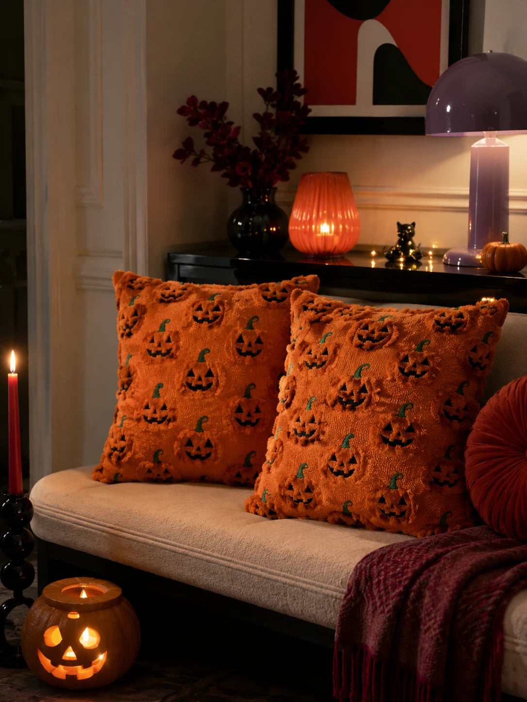 Halloween Velvet Pumpkin & Ghost Pillow Cover