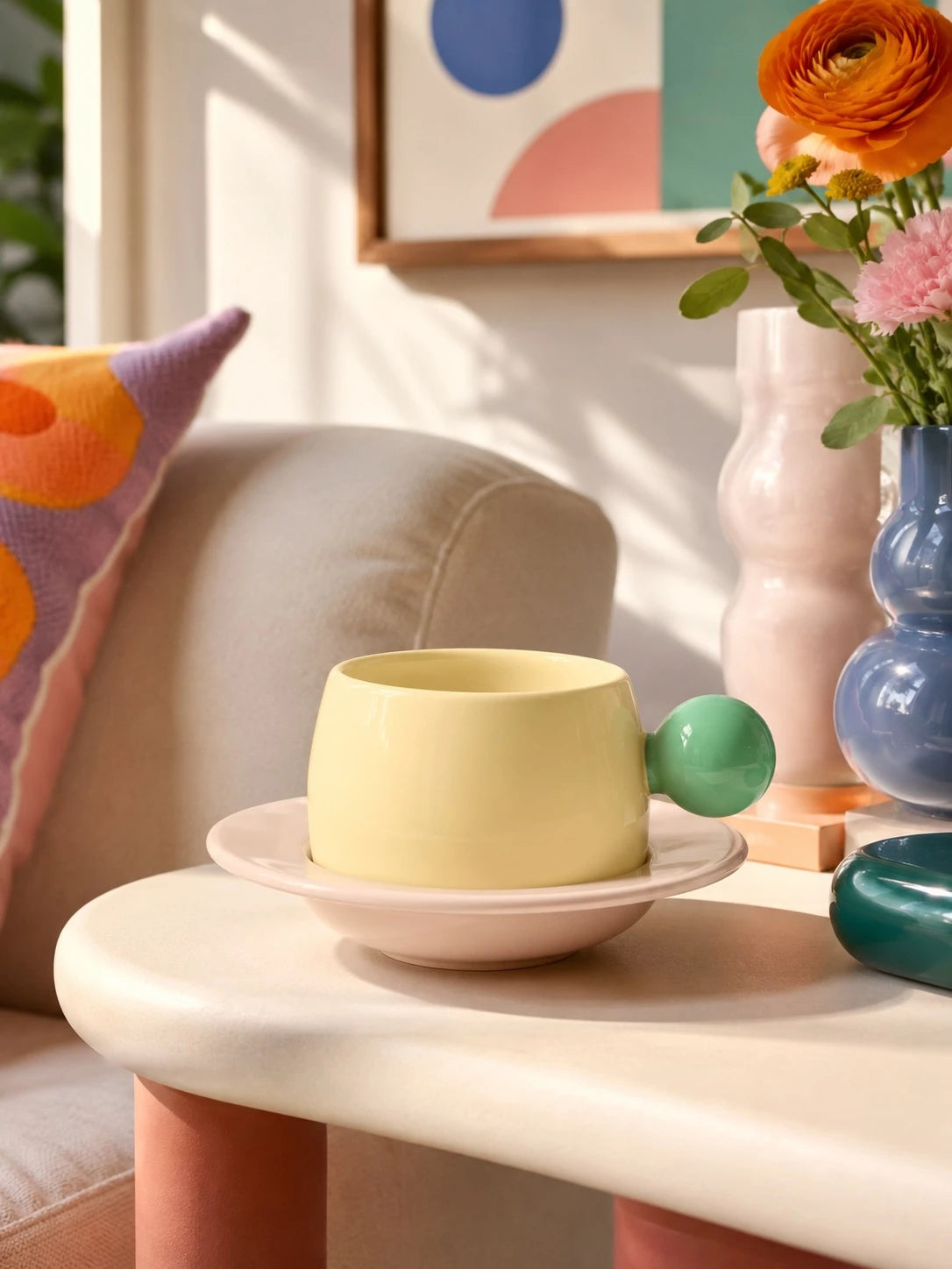Bubble Handle Ceramic Cup & Saucer Set — Playful Dopamine Decor Tableware