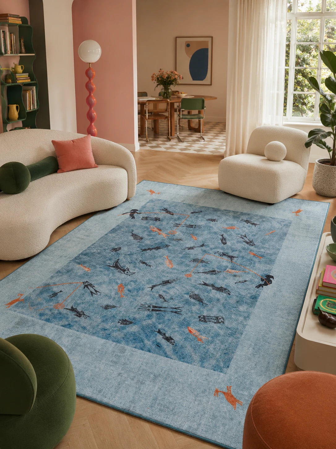 Folk Fishing Scene Washable Rug