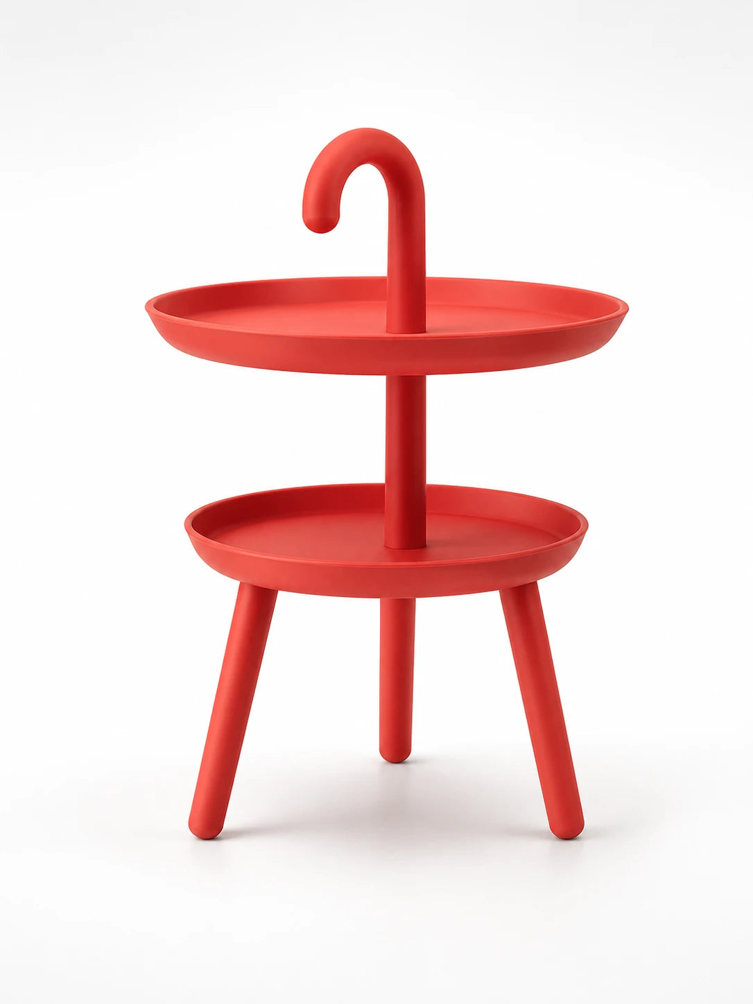 grapefruit red two-tier plastic side table with an umbrella hook handle and three splayed legs
