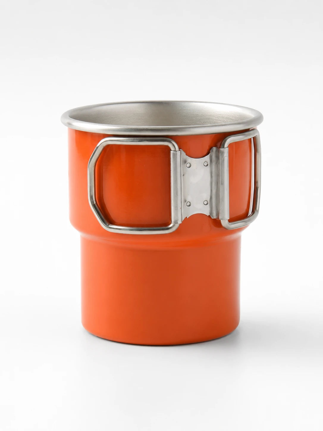 orange matte stainless steel camping mug with folding wire handles on a riveted hinge plate