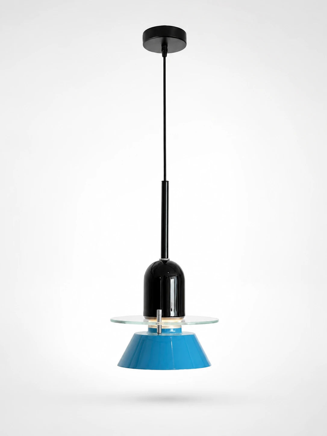 small pendant light with black capsule housing, clear glass disc, and blue cone shade on a white background