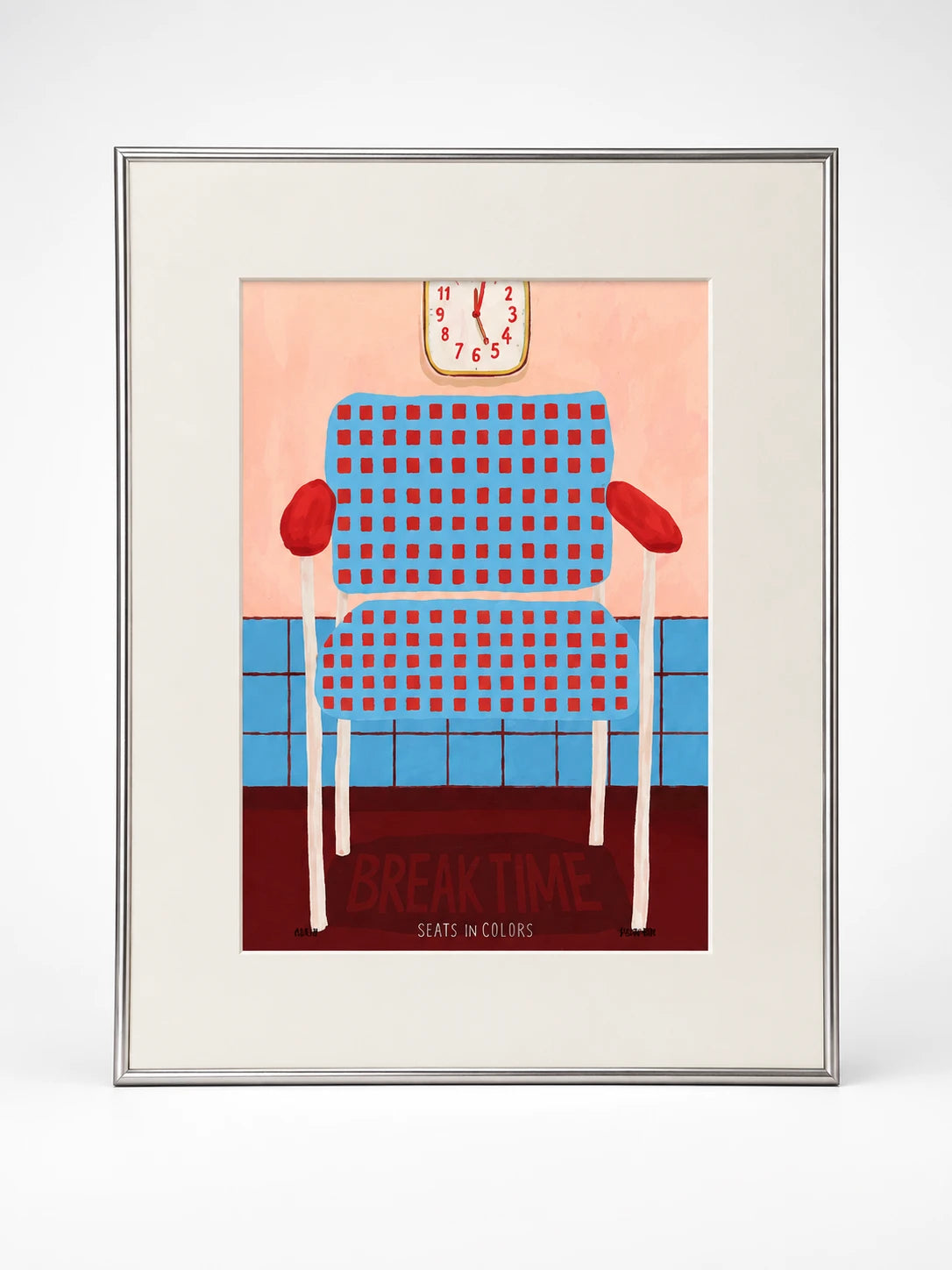 Framed art print of a blue armchair with red grid pattern under a wall clock, lettered Break Time, silver frame