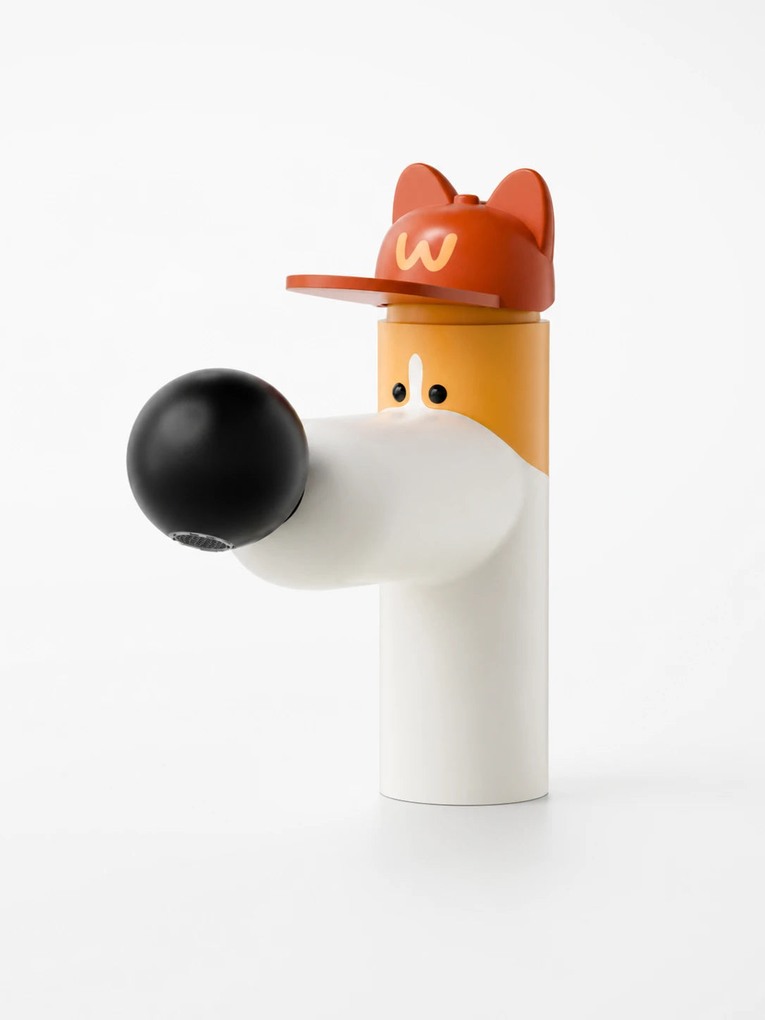 white and orange corgi basin faucet with a red baseball cap and glossy black ball nose spout