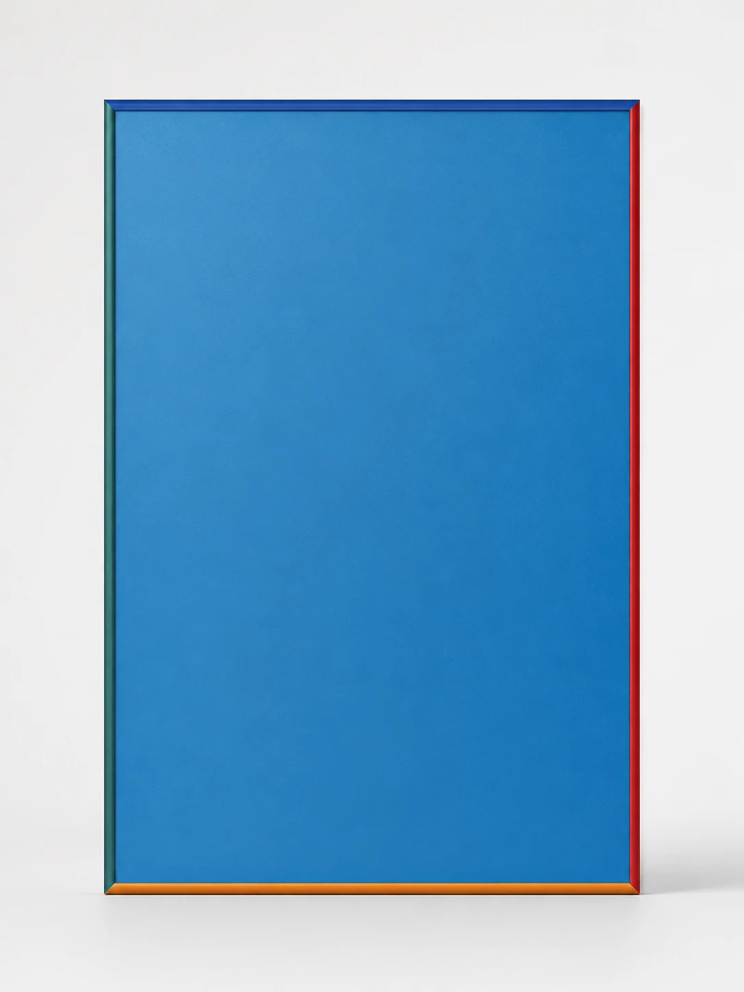 blue magnetic display board with a four-color aluminum frame in blue, teal, red, and orange
