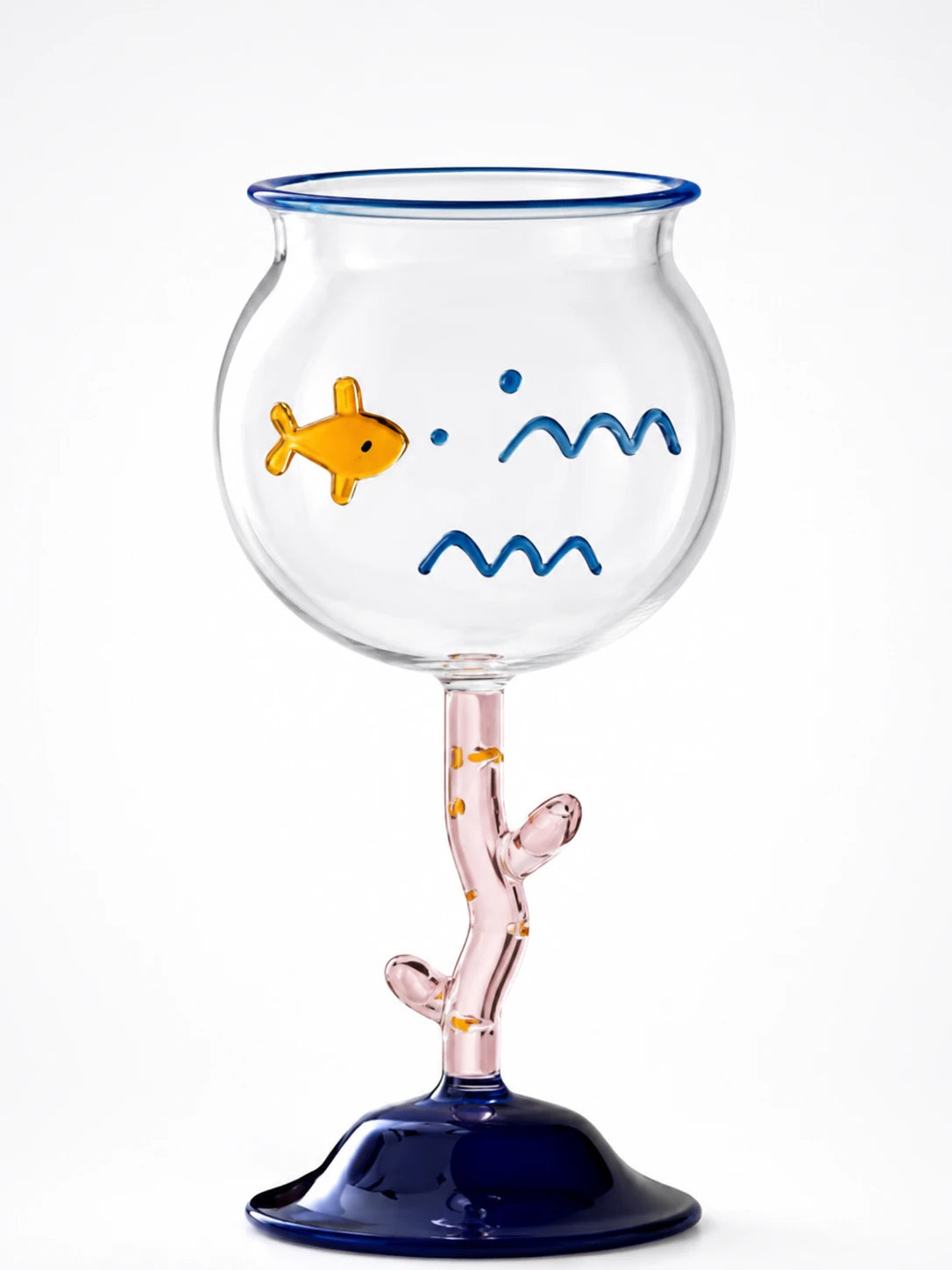 stemmed glass with amber goldfish and blue wave accents on the bowl, sculpted pink coral stem and dark blue base
