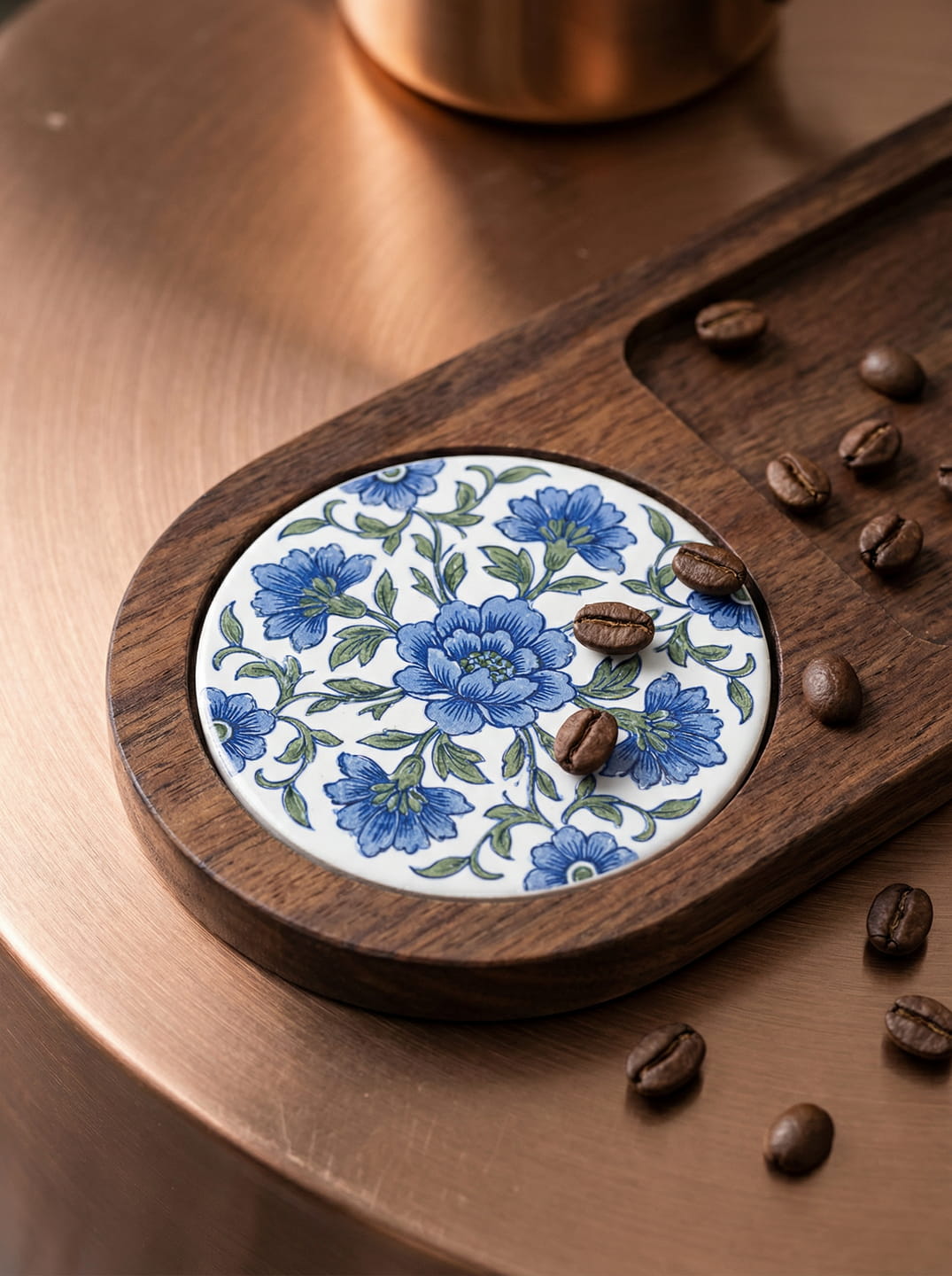Acacia Wood Coffee Tray – Serving Platter with Detachable Ceramic Coaster