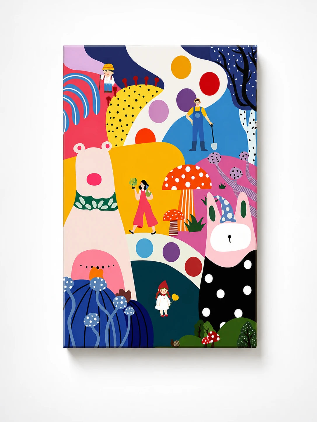 whimsical wall art with a pink polar bear, spotted rabbit, and red-capped mushroom on bright color-blocked hills
