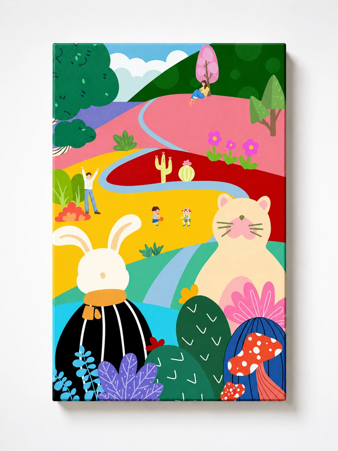 whimsical wall art with a cream cat and white rabbit in a candy-colored landscape with cactus and mushrooms