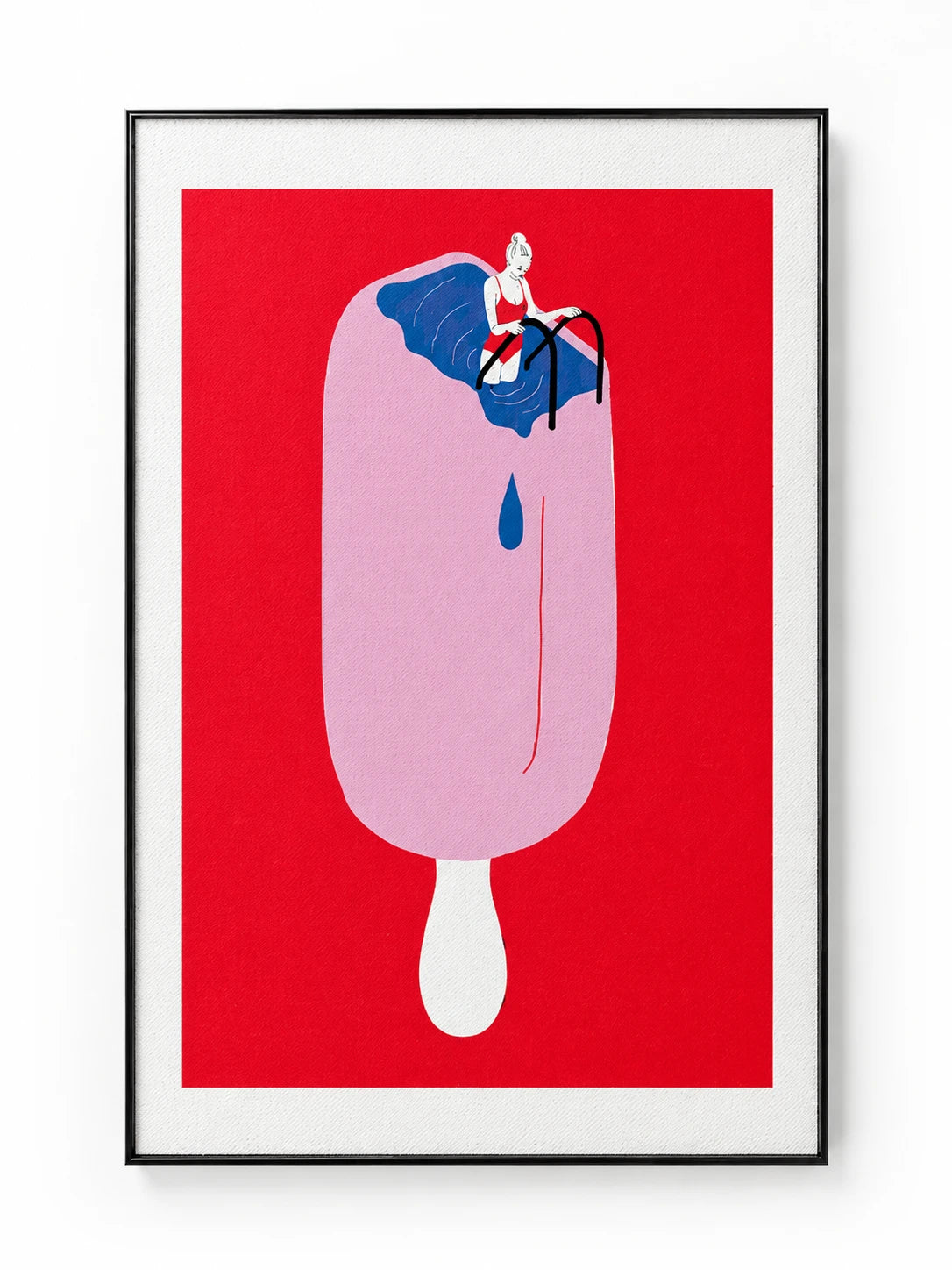 framed art print of a woman swimming out of a pink popsicle's melted blue pool on red