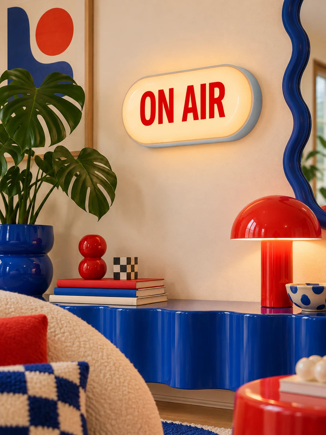 ON AIR capsule sign above a blue wavy console with red mushroom lamp and wavy mirror