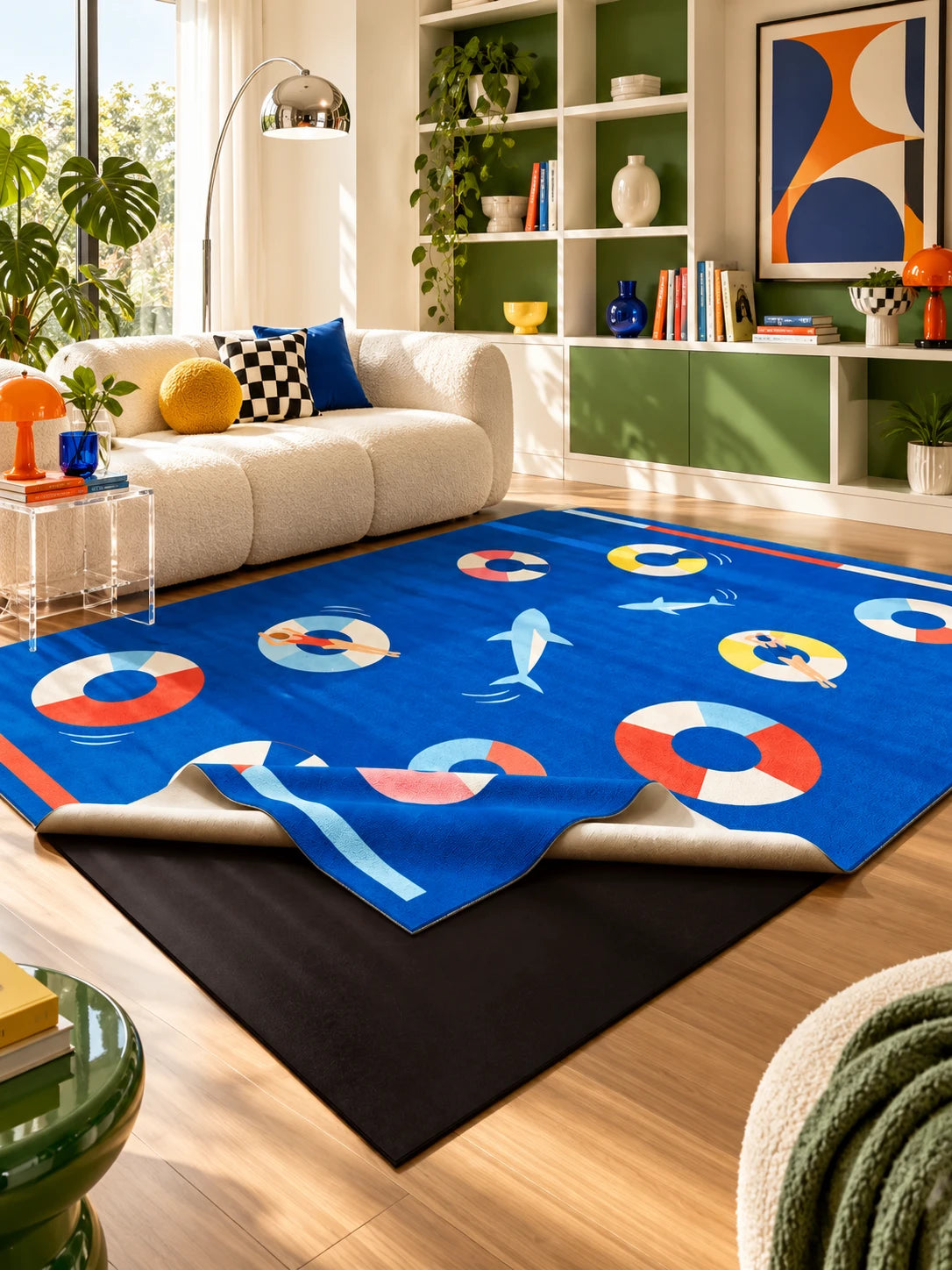 Pool party rug beside a cream sofa and green bookshelf wall, with a chrome arc lamp and checkered pillow