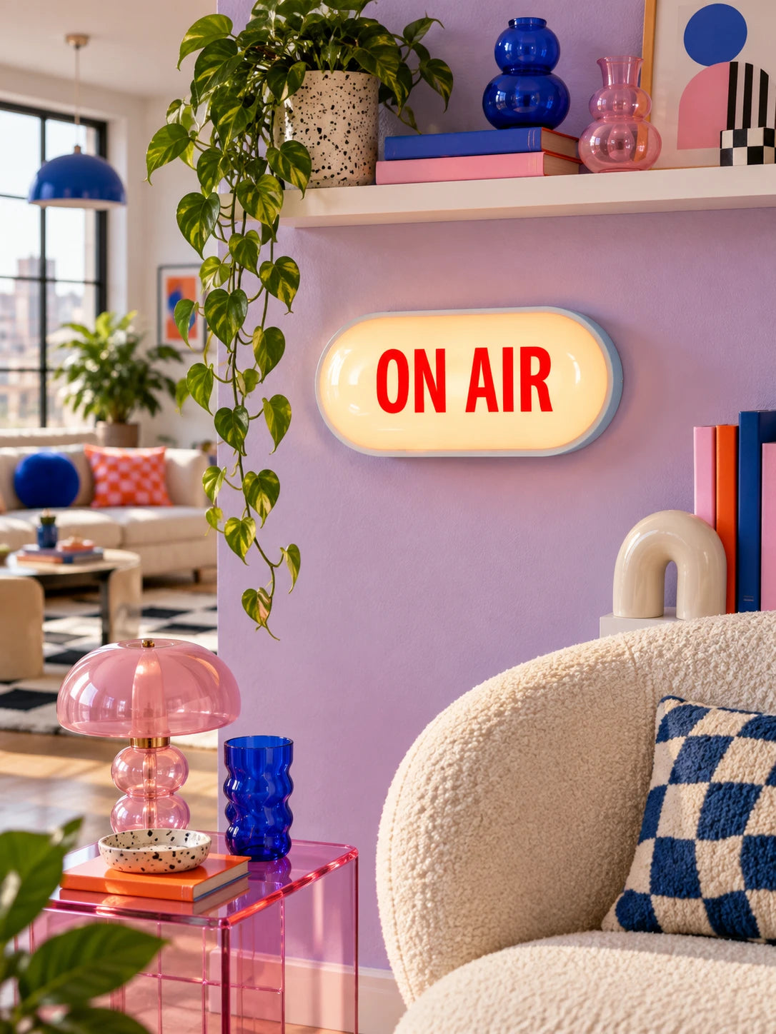 ON AIR capsule light box sign on a lilac wall above a pink side table and cream boucle chair