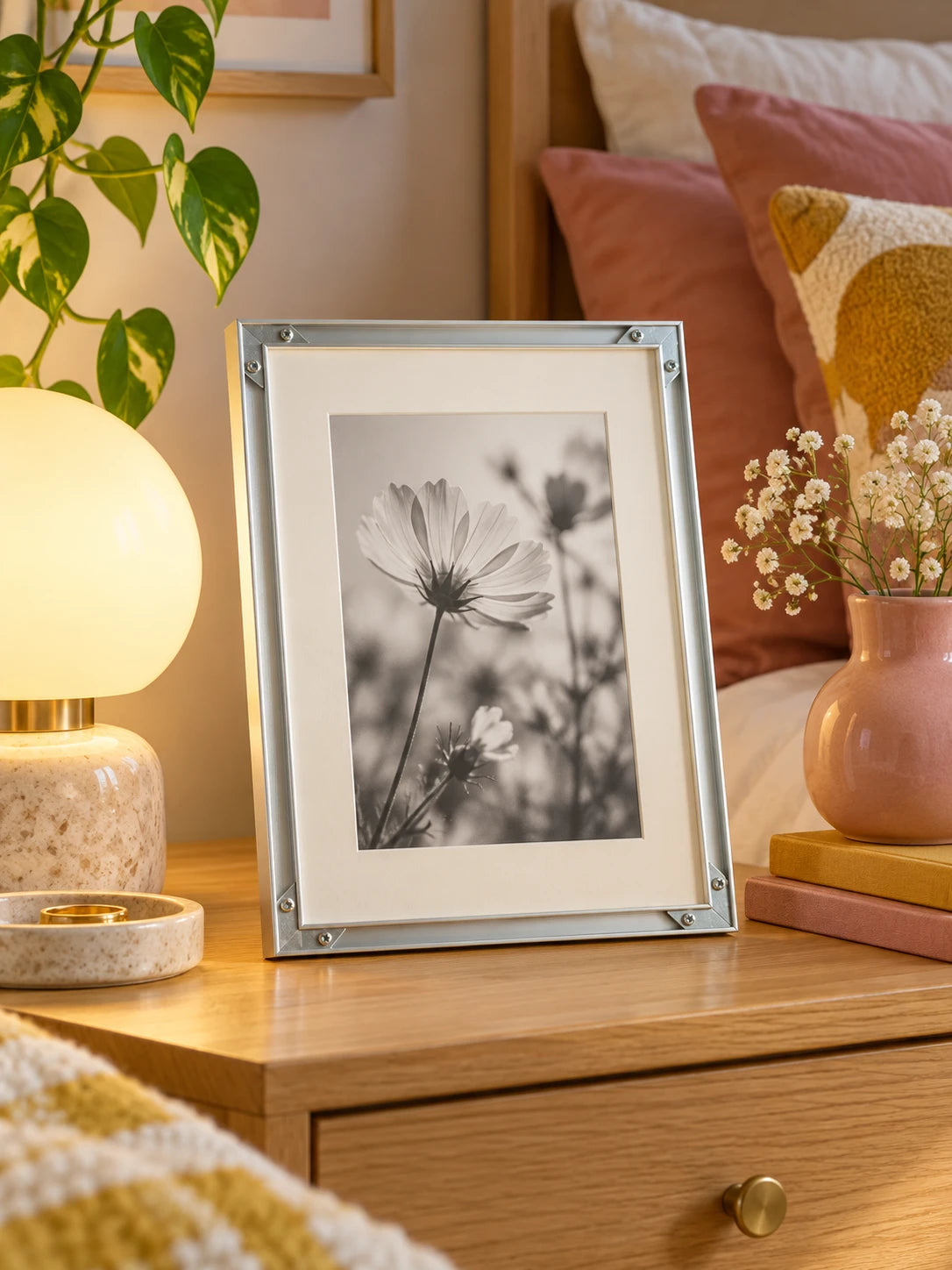 silver aluminum frame with abstract print leaning on a floating shelf