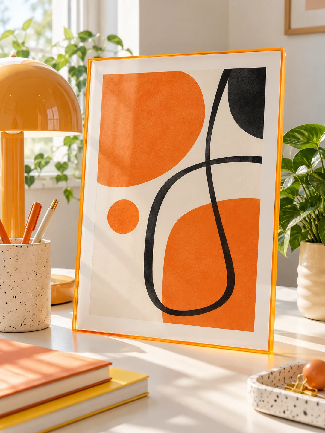 orange tinted acrylic frame with abstract line print on a sunny desk