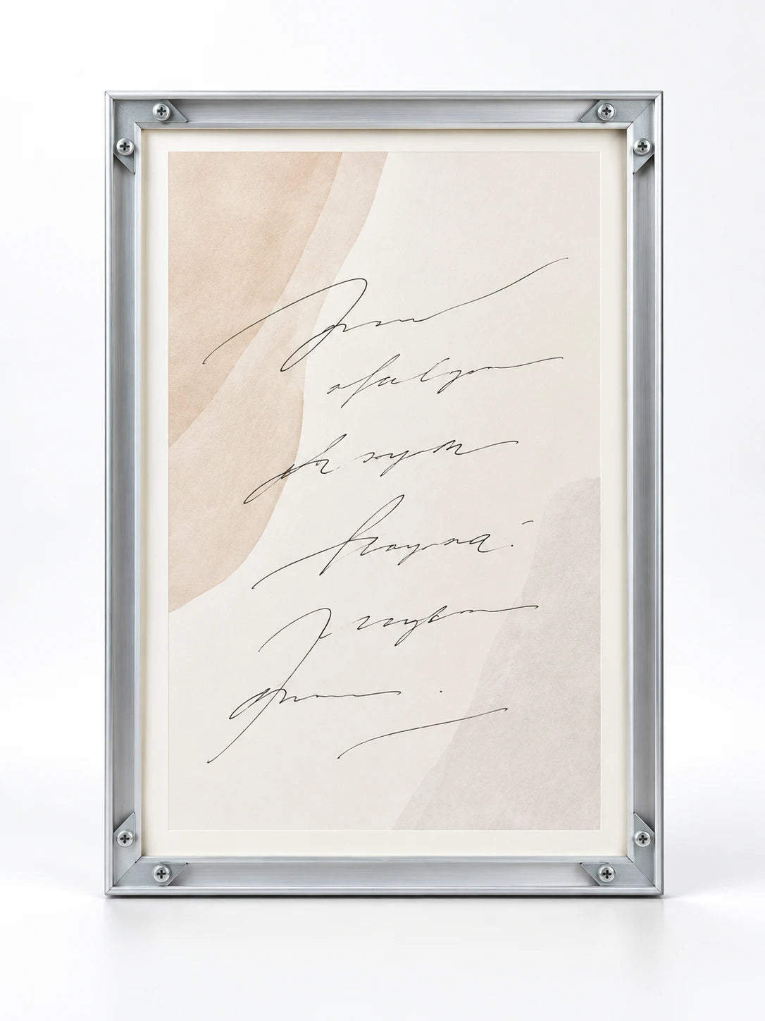 flat silver aluminum poster frame with corner plates and abstract script insert, studio view