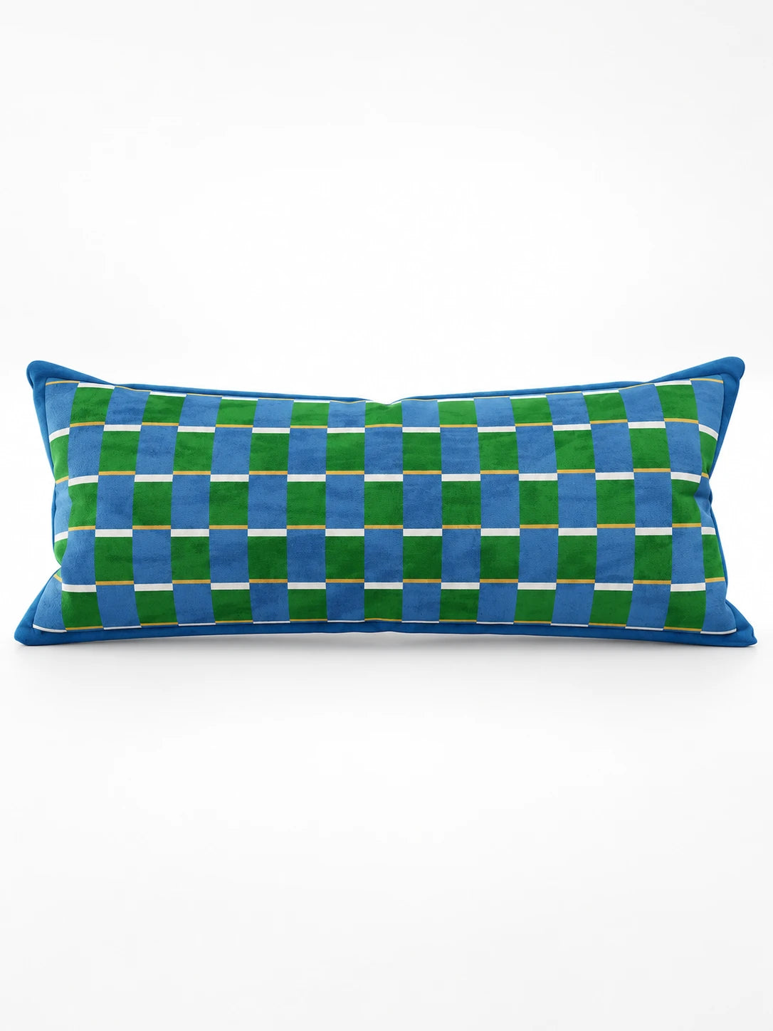 Long lumbar pillow with interlocking blue and green checks, thin yellow lines and a blue border