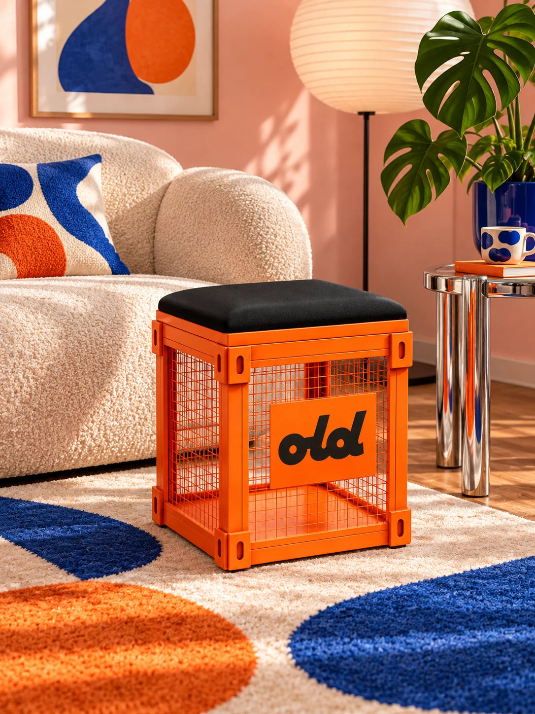 Orange mesh cage stool beside a cream boucle sofa on a blue and orange rug in a pink living room