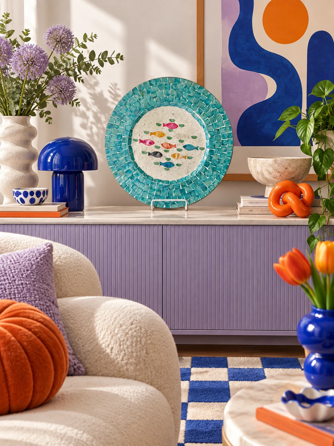 Seashell fish tray on a lilac sideboard with a blue mushroom lamp and orange knot