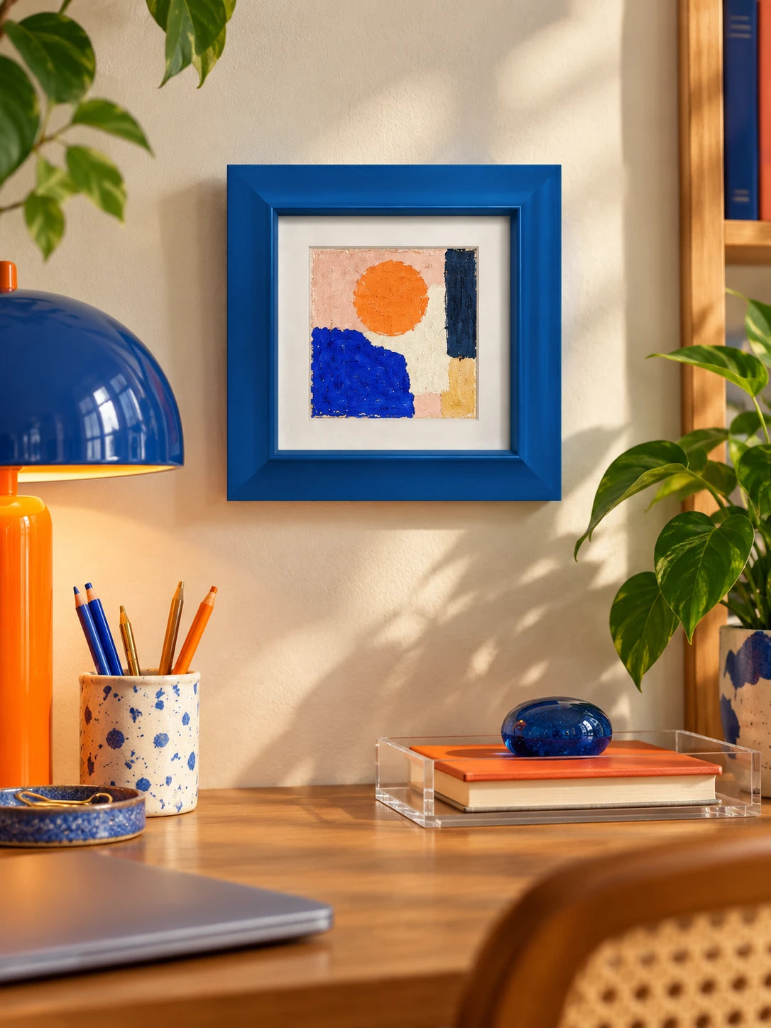 blue wood picture frame with abstract collage above a desk with a blue mushroom lamp