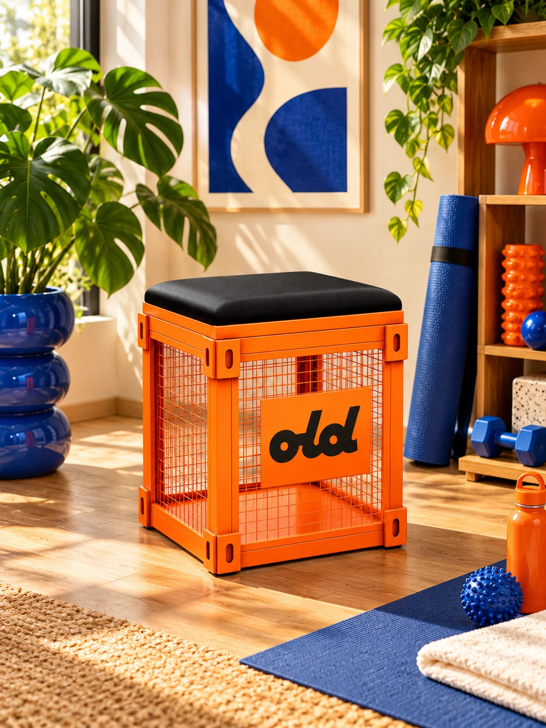 Orange mesh storage stool on a wood floor in a workout corner with a rolled blue yoga mat and dumbbells