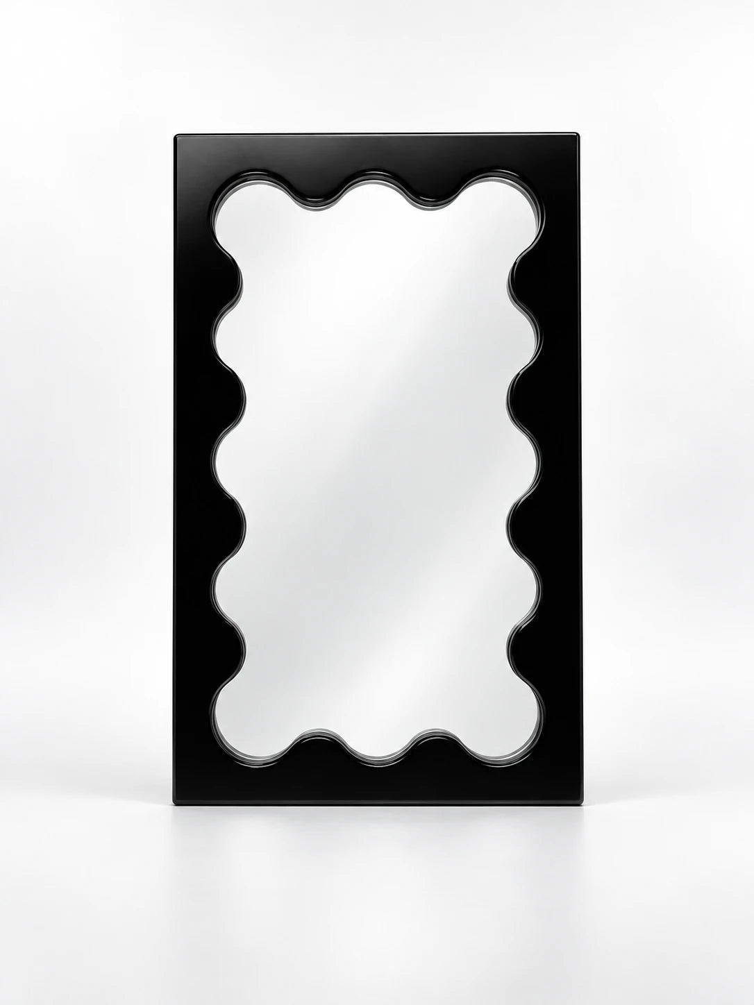 Black solid wood vanity mirror with wavy scalloped inner frame