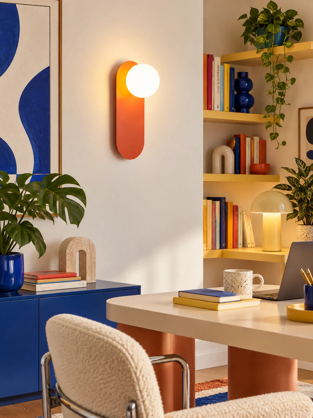 Minimalist wall lamp above a home office desk setup