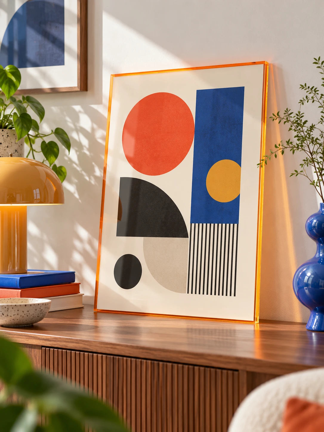 orange acrylic frame with geometric shapes print on a walnut sideboard