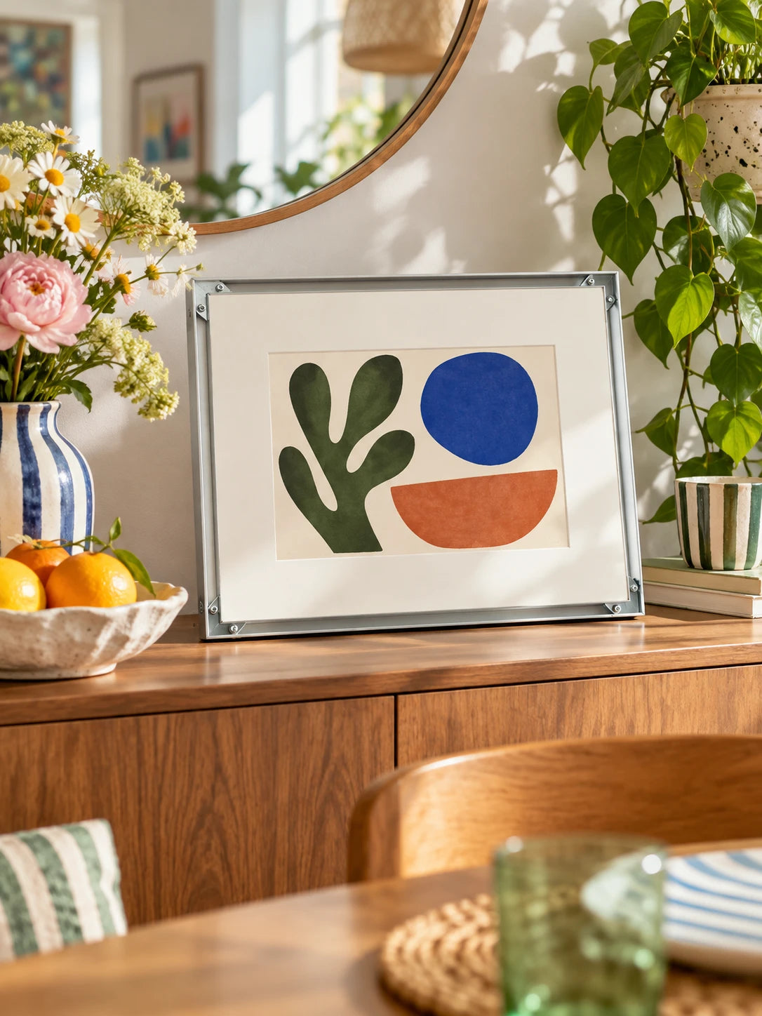 silver aluminum frame with abstract print beside a table lamp