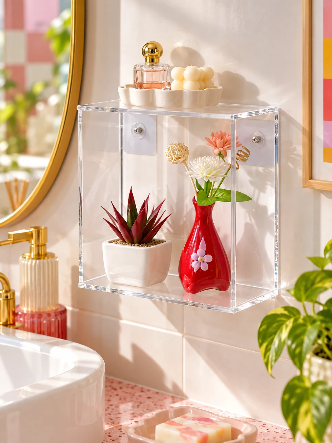 clear acrylic wall box with succulent and red vase on a bathroom wall
